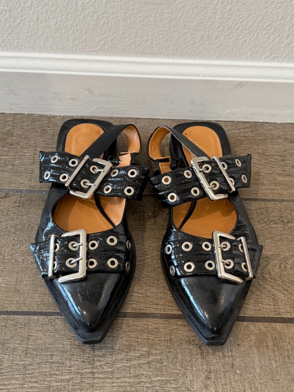 Ganni Black Patent Buckle Slingback Pointed Flat Size 39
